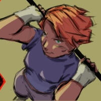 Clueless Luca top-down view of an athletic young woman with orange hair, gray gloves, and a purple top, looking up at you while casually holding a staff braced across her shoulders